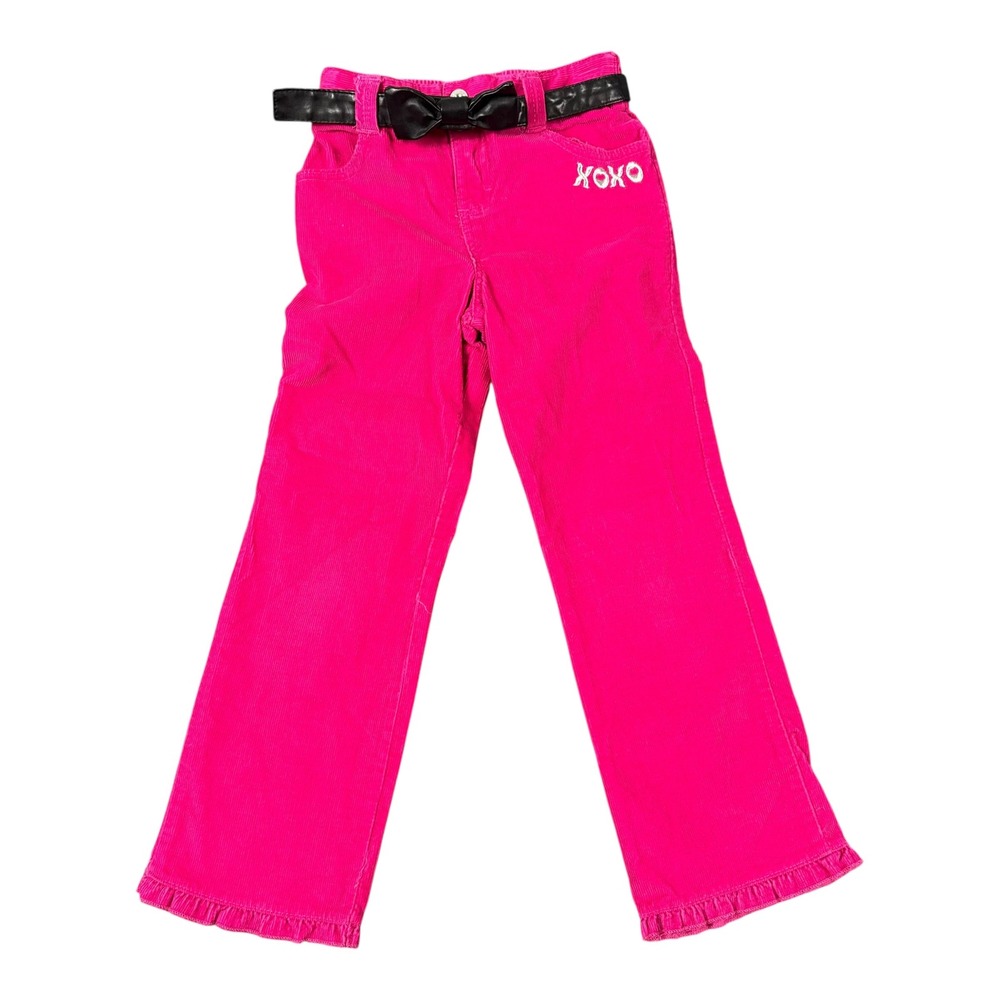 Vintage XOXO Girls Hot Pink Corduroy‎ Flare Pants Ruffle Heart Embroidery Size 6